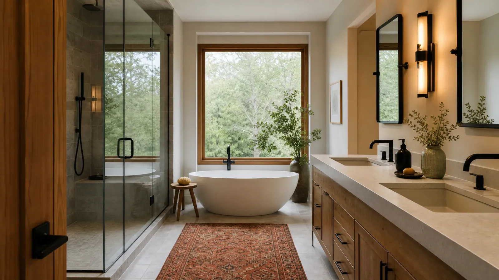 Refined bathroom with natural materials and a calm spa-like layout Refined bathroom with natural materials and a calm spa-like layout
