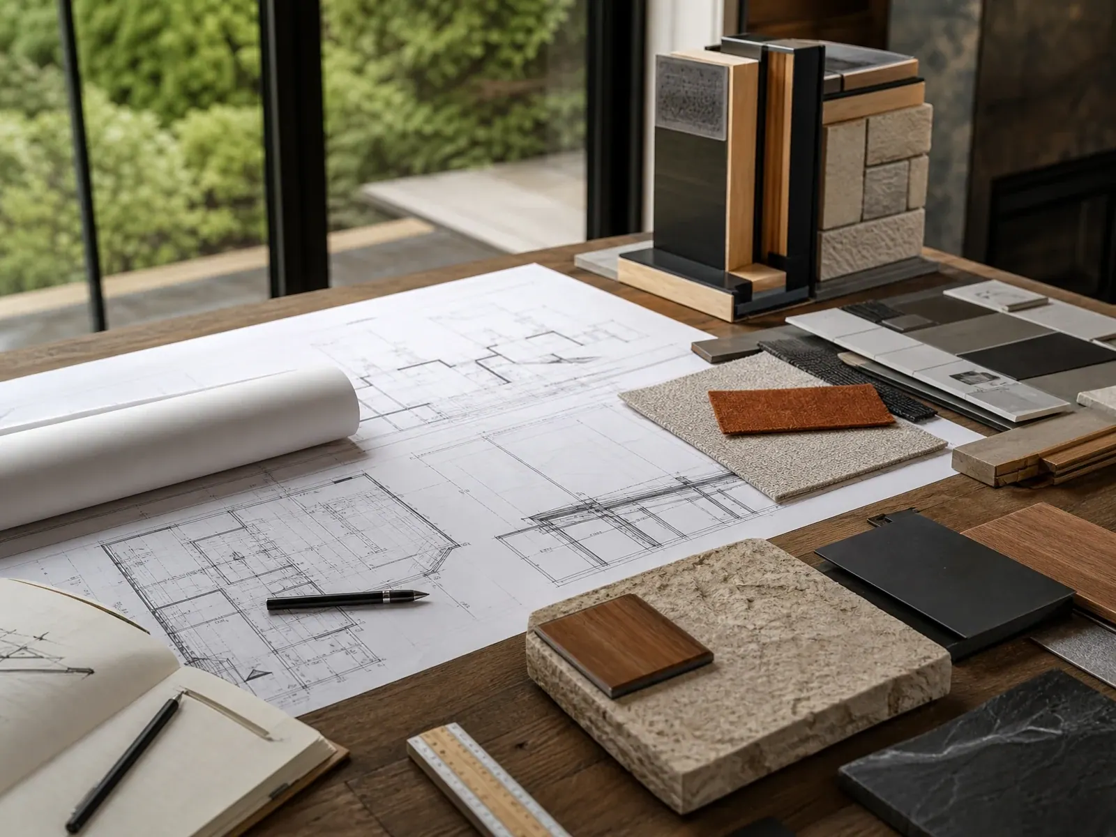 Architectural plans and finish samples arranged for design-build planning Architectural plans and finish samples arranged for design-build planning